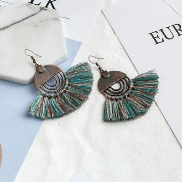 2/$21 Ladies Teal Aztec Dangle Tassel Earrings - Picture 1 of 6